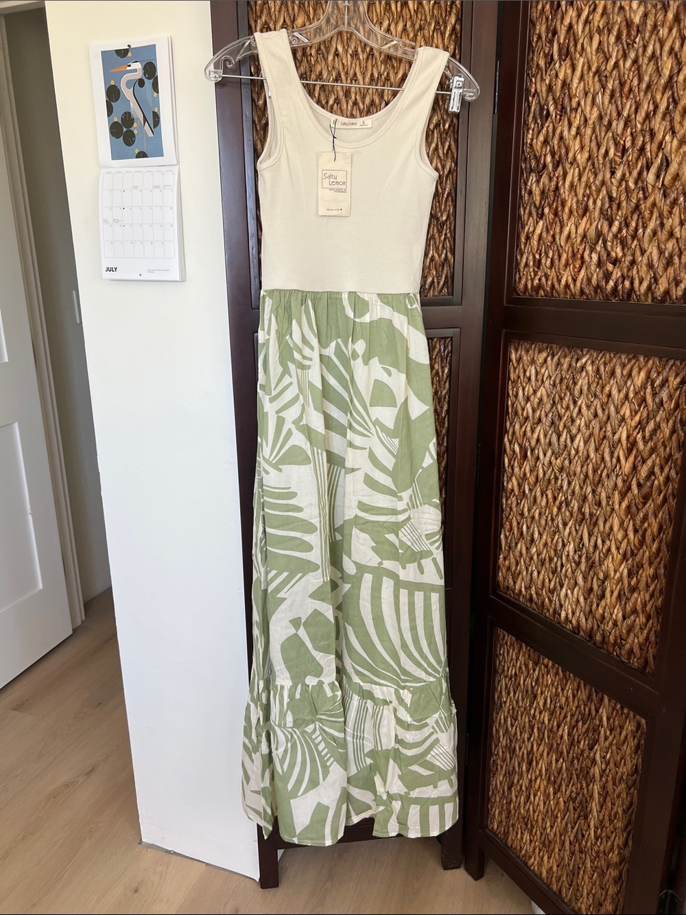 NWT Salty Lemon size S Cream and Sage Green Tropical Print Girls' Maxi Dress